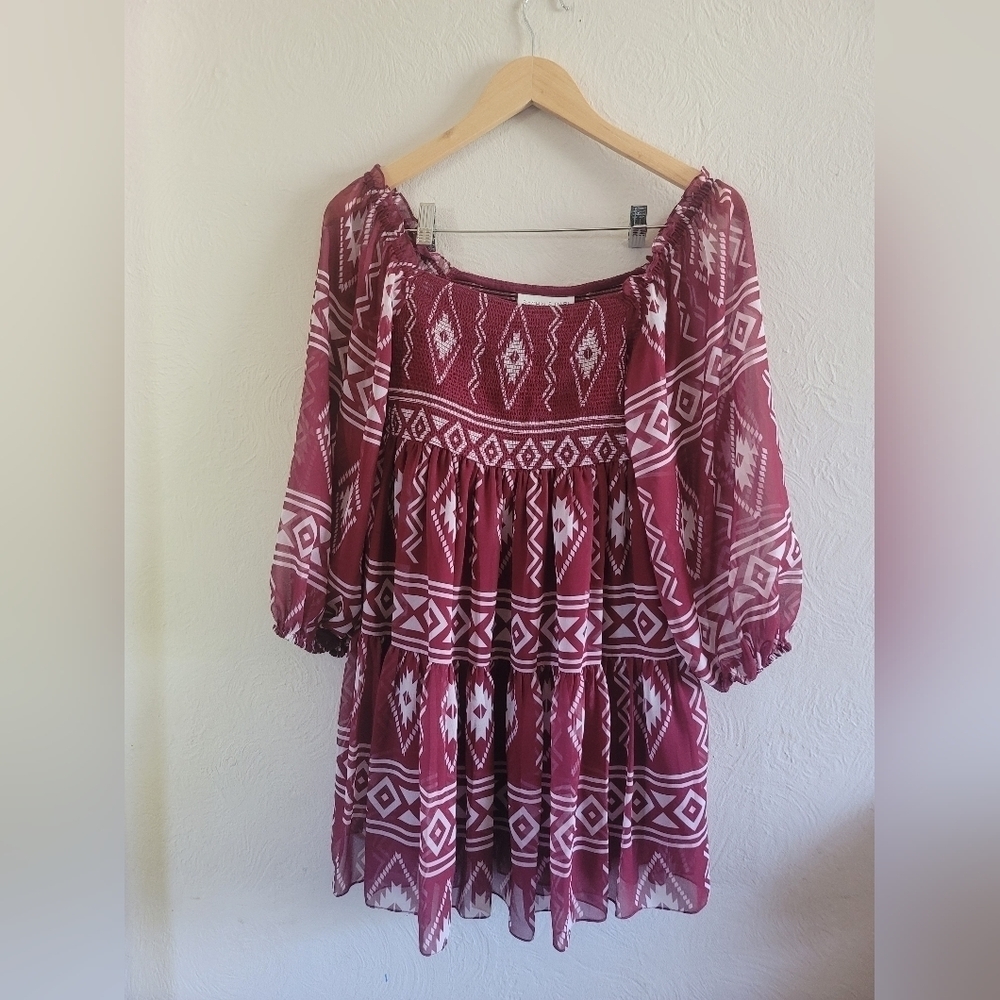 Sachin & Babi, Lola Short Printed Empire Dress, Aztec Borders Crimson - Size XS